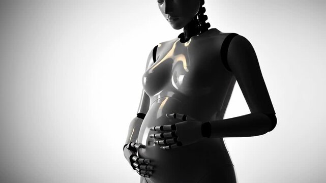 Pregnant female android robot showing maternity. Artificial intelligence concept of futuristic childbirth and motherhood.
