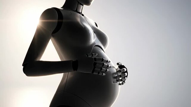 Pregnant robot woman gradually showing a growing belly, AI and future maternity concept
