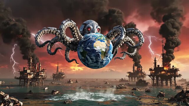 Menacing metallic octopus holding planet earth above polluted ocean with oil rigs. Concept of environmental destruction