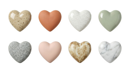 Ceramic heart set including glossy, matte, marble, and speckled finishes isolated. Decorative stoneware and home decor collection.