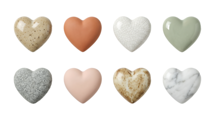 Ceramic heart set including glossy, matte, marble, and speckled finishes isolated. Decorative stoneware and home decor collection.