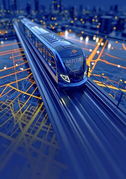 A cinematic futuristic video showcasing a sleek blue metro train moving smoothly toward the camera. The scene begins with the train gliding along elevated rails above a glowing digital map. As the tra