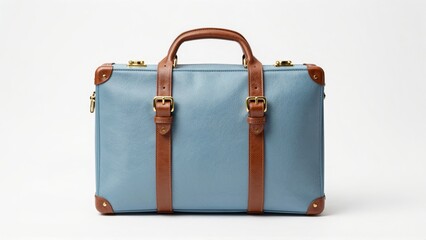 Blue leather briefcase with brown straps and gold hardware