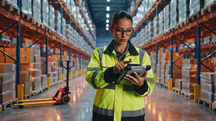 Woman worker uses tablet checking inventory in warehouse aisle. Female with tablet manages warehouse data. Worker uses digital tablet in logistics. Woman checks inventory with tablet tool. - Powered by Adobe