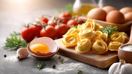 Freshly made tortellini sits on a wooden board alongside bright tomatoes, eggs, and garlic, showcasing an inviting scene of Italian cooking. Flour dust adds to the charm of this culinary moment