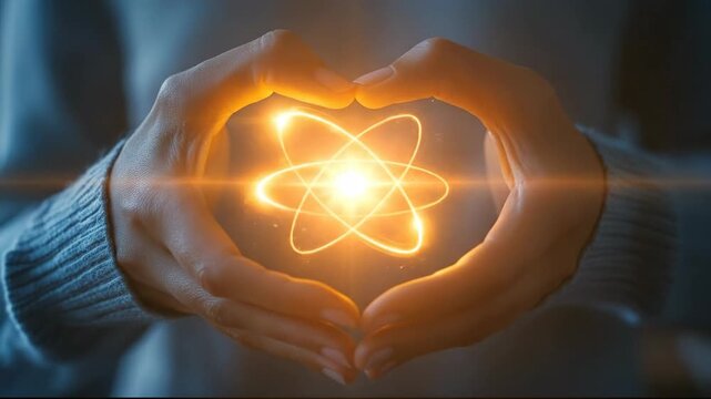 Two hands form a heart shape around a glowing atom.