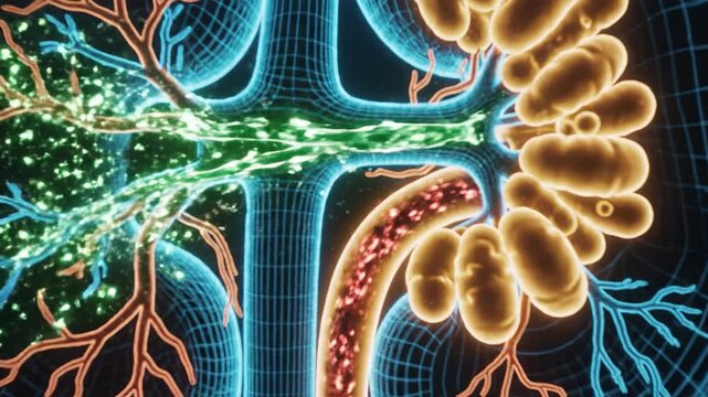 Glowing medical kidney anatomy illustration combining nephron and glomerulus filtration detail, vascular blood vessel network and renal tubule structures cross section of cortex, medulla