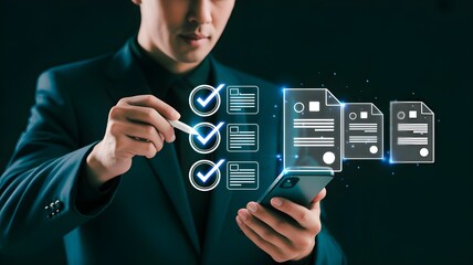 Businessman Checking Off Digital Documents on Smartphone with Holographic Checklist Interface