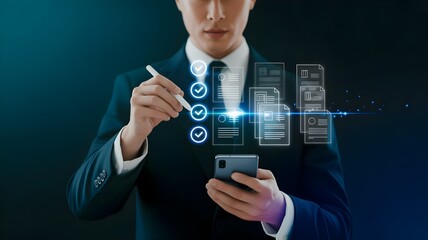 Businessman Checking Off Digital Documents on Smartphone with Holographic Checklist Interface