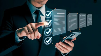 Businessman Checking Off Digital Documents on Smartphone with Holographic Checklist Interface
