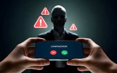Anonymous Person Receiving Suspicious Phone Call with Warning Alert Icons