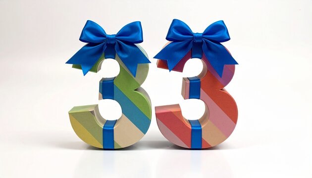 Number 33 wrapped with a festive ribbon on a white background. Photo for birthday or anniversary party