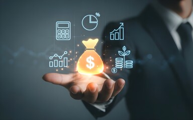 Businessman Holding Glowing Digital Money Bag with Financial Icons and Growth Symbols