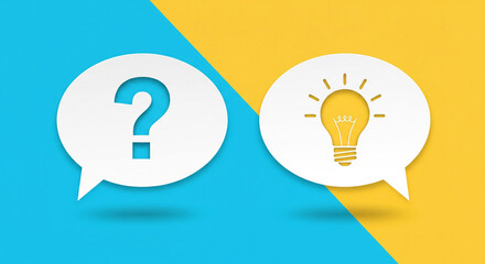 Question mark in speech bubble versus light bulb idea symbol on a split background