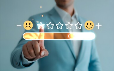 Businessman Adjusting Customer Satisfaction Rating Slider to the Highest Level with Five Stars