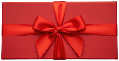 Top down view of classic red gift box with matching red satin ribbon and bow