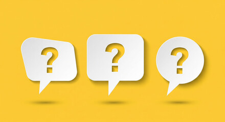 Three white speech bubbles with question marks inside on a yellow background