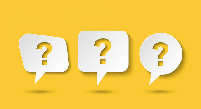 Three white speech bubbles with question marks inside on a yellow background - Powered by Adobe