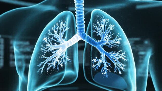 Glowing translucent lung and bronchial tree medical illustration showing trachea bronchus bronchioles airway branches respiratory anatomy pulmonary structure clinical imaging visualization