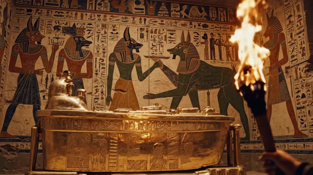 Golden sarcophagus glowing in a torchlit ancient Egyptian tomb with hieroglyphs. Concept of exploration and mystery