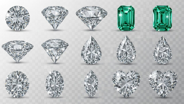 Collection of various diamond and emerald gemstones in different cuts and shapes