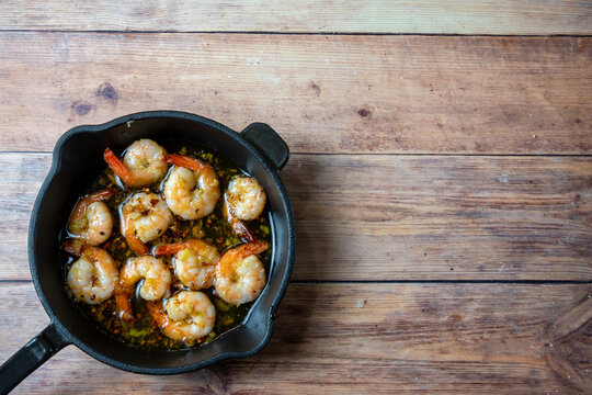Garlic Shrimp In Skillet With Copy Space