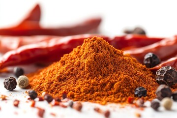 selective focus intense red chili powder isolated on white