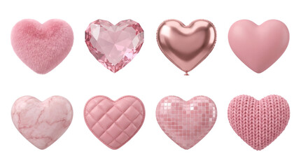 Pink heart set including fur, crystal, balloon, plastic, marble, leather, disco, and knit textures isolated. Romantic 3d icons and love symbol collection.