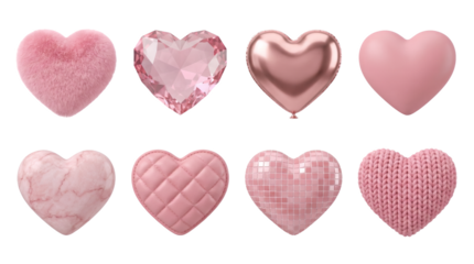 Pink heart set including fur, crystal, balloon, plastic, marble, leather, disco, and knit textures isolated. Romantic 3d icons and love symbol collection.
