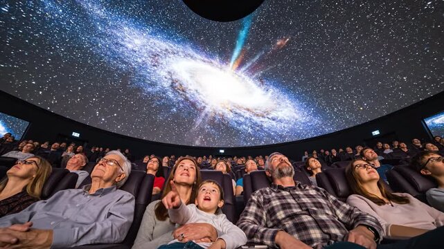 Planetarium audience and family watching immersive dome projection of spiral galaxy and colorful planets, children and adults crowd gazing starry astronomy display with wonder, educational atmosphere