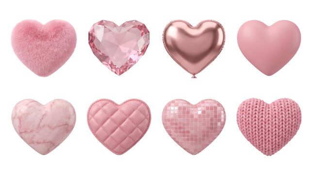 Pink heart set including fur, crystal, balloon, plastic, marble, leather, disco, and knit textures isolated. Romantic 3d icons and love symbol collection.