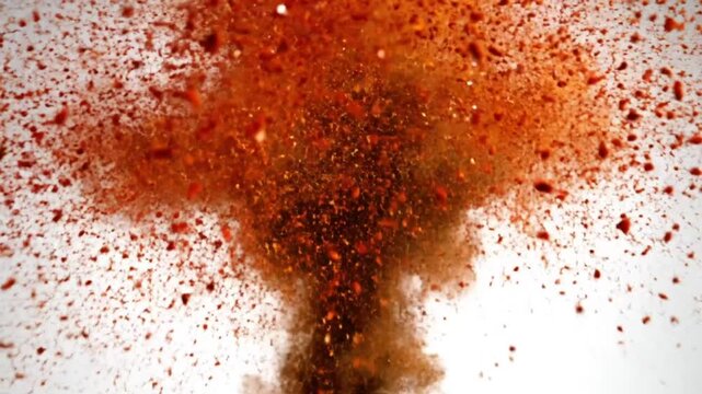 Exploding orange powder in slow motion creating a dynamic abstract background on a white backdrop