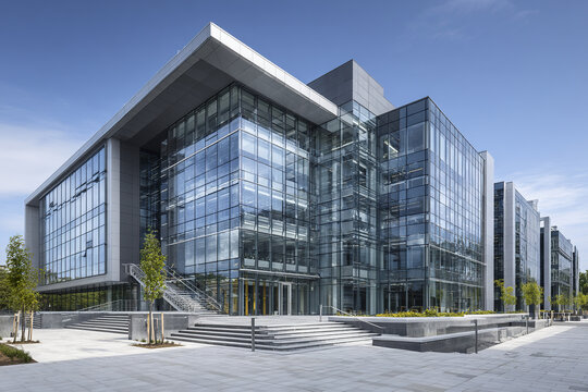 Modern glass office building with clean pavement and small trees under clear blue sky, reflecting bright and professional atmosphere in urban setting