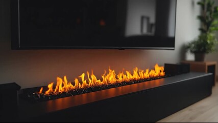 A modern living room featuring a sleek electric fireplace with flames.