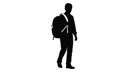 Silhouette of a young male student or traveler walking forward carrying a large backpack isolated on a clean white background representing a journey