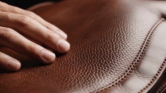 Hand touching brown leather upholstery closeup texture and stitch detail, leather cushion grain and stitched seam, hand touching brown leather seat tactile touch conveying warmth and craftsmanship