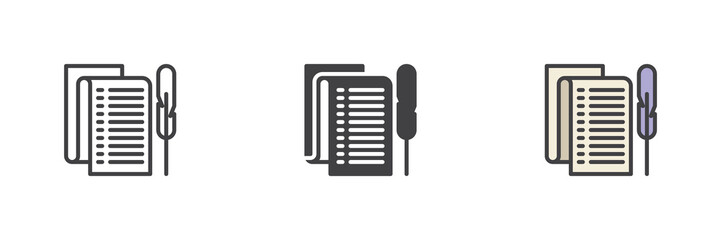 Parchment and feather pen line, solid, colorful different style icon set pack