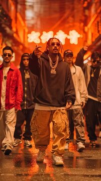 A cinematic wide-angle shot of about 10 Japanese rappers performing in a circle on a neon-lit city street at night. Each has a unique style black hoodies, streetwear, gold chains, sunglasses. One rapp