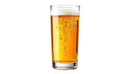 Tall, clear glass filled with golden, bubbly beer, topped with a frothy white head