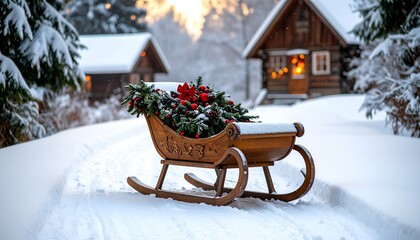 A snow-covered path leads to wooden cabins in a winter wonderland scene with a festive sleigh