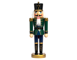 Wooden soldier figure with white beard and mustache, in a green and blue uniform, standing
