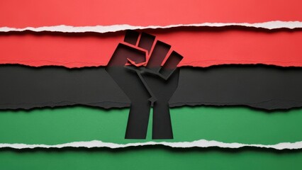 Powerful fist silhouette on torn paper pan african flag background colors