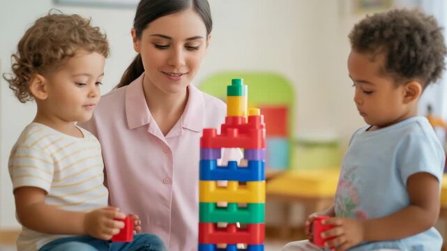 Close up tracking shot of diverse toddlers and teacher building a colorful block tower in a bright kindergarten classroom with childhood and education