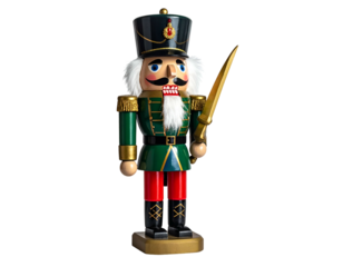 A standing wooden soldier with a mustache and a sword, a traditional Christmas ornament