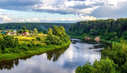 Fototapeta premium A beautiful autumn river flows through a scenic forest landscape with green trees and a reflection of the sky in the water, offering a peaceful nature view of the rural countryside mountains
