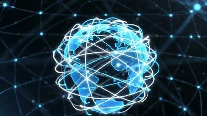 Abstract digital globe visualizing global network connections and data transmission pathways across continents in a dark technological environment - Powered by Adobe