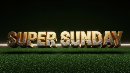 Super Sunday text with gold letters on green grass and dark background