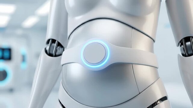Pregnant female robot with glowing belly button panel in a futuristic medical environment for advanced maternity and birth technology concept