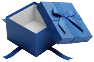 Open blue gift box with ribbon and detached lid studio shot on transparent background