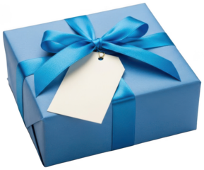 Classic blue wrapped gift box with silk ribbon bow and large blank hanging tag